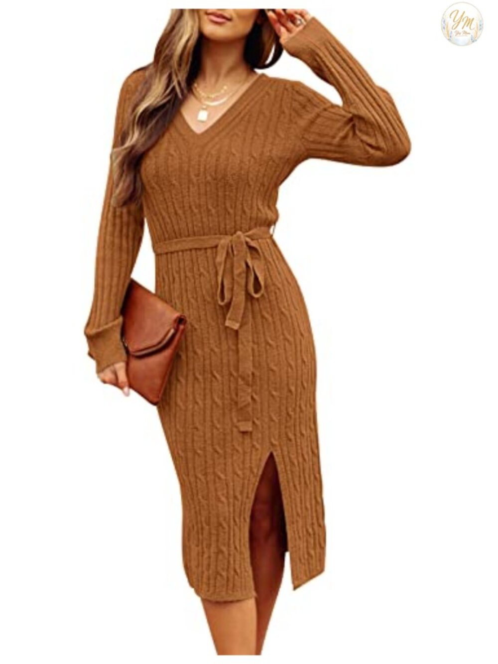 Womens Cable Knit Midi Sweater Dress V Neck Long Sleeve Belted Bodycon